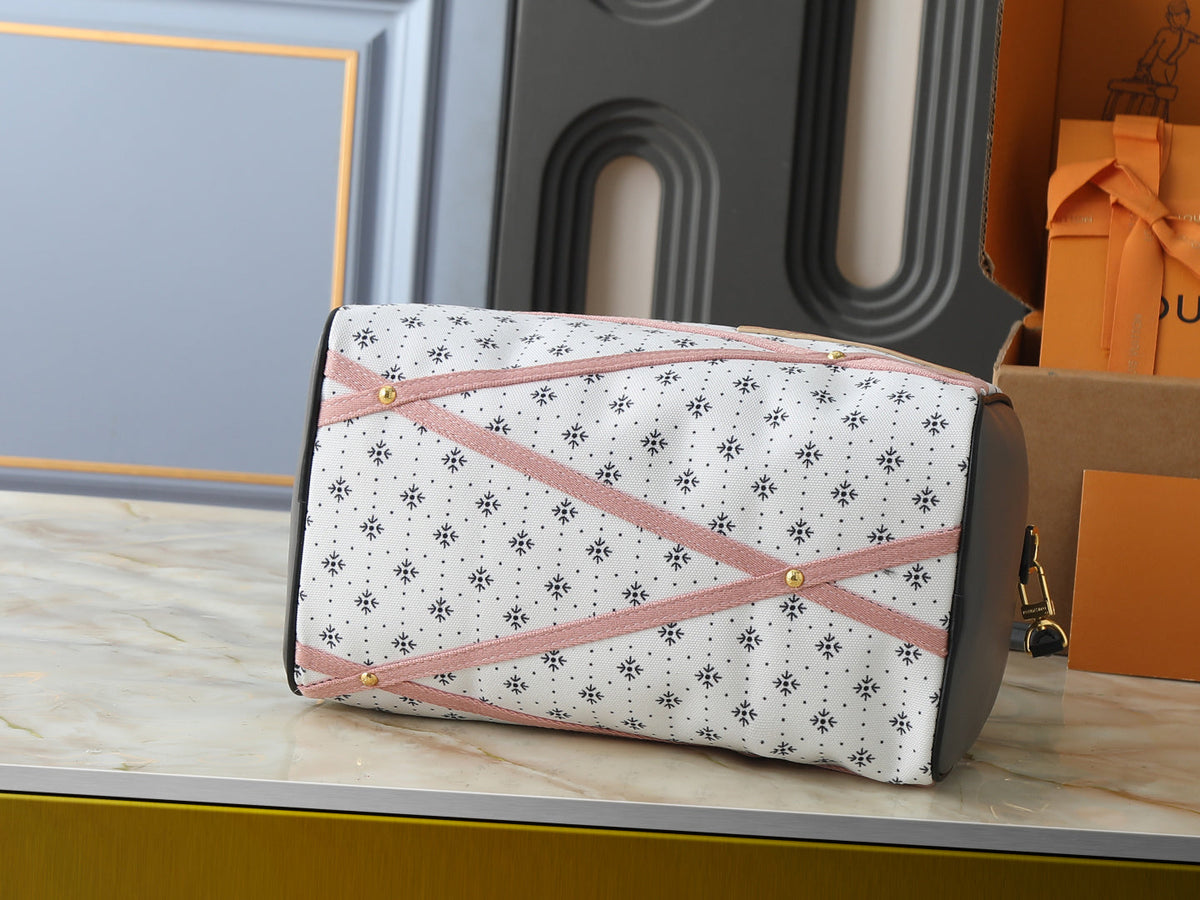 Speedy-Style Handbag With Pink Crisscross Strap Details