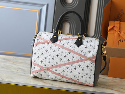 Speedy-Style Handbag With Pink Crisscross Strap Details
