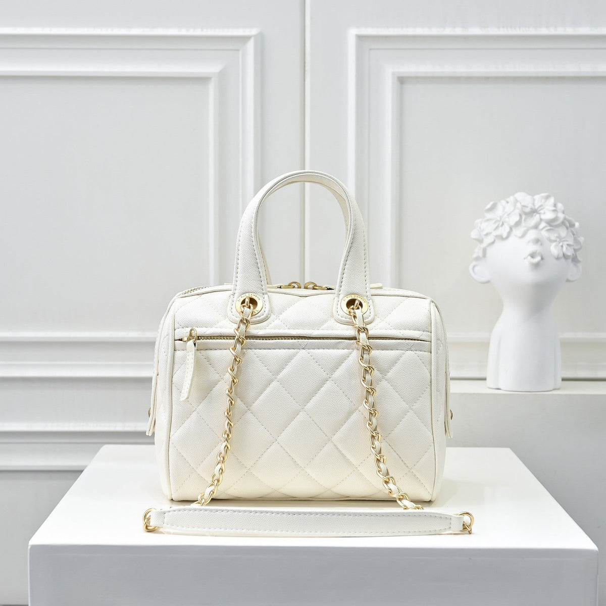 Caviar Quilted Small Bowling Bag White