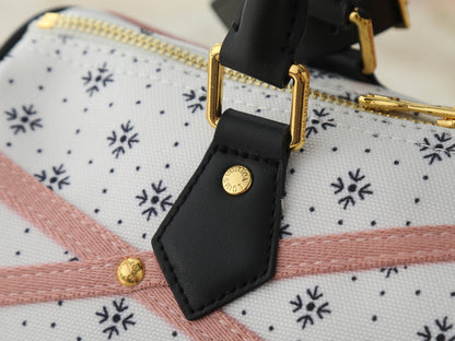 Speedy-Style Handbag With Pink Crisscross Strap Details