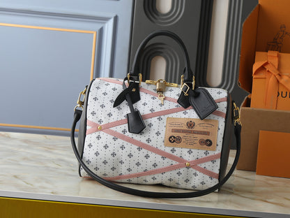 Speedy-Style Handbag With Pink Crisscross Strap Details